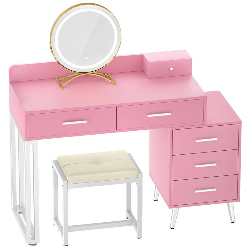 Makeup Vanity Desk with Stool and LED Mirror, Modern Makeup Table Vanity Desk with 6 Storage Drawers