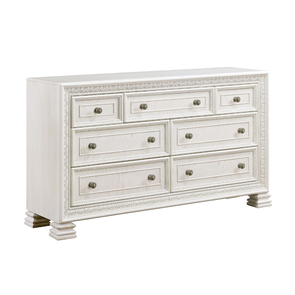 Rotu 68 Inch Wide Dresser, 7 Drawers Rope Molding, White Ash Veneer