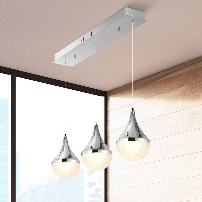 Mario Teardrop Modern Mid-Century Iron/Acrylic Integrated Linear LED Pendant, Chrome/White by JONATHAN Y