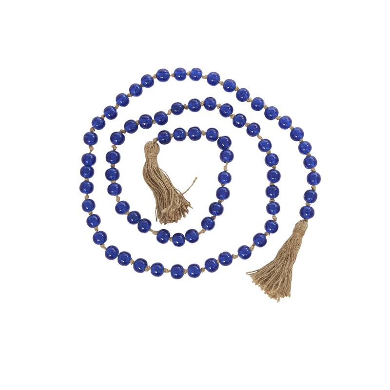 Glass Handmade Round Long Frosted Beaded Garland with Tassel with Knotted Brown Jute - Various Colors - Roche River Decor - Dark Blue - Polished Finish