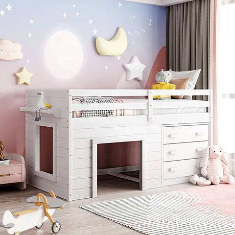 Wooden Twin Size Loft Bed with Built-in Ladder, 1 Cabinet(3 Drawers) and 1 Shelf - White