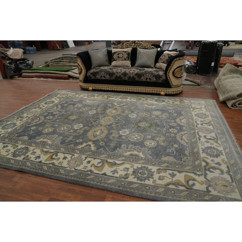 Handmade Grey Floral Oushak Indian Area Rug, Transitional Wool Carpet - 11' 10'' X 9' 0''