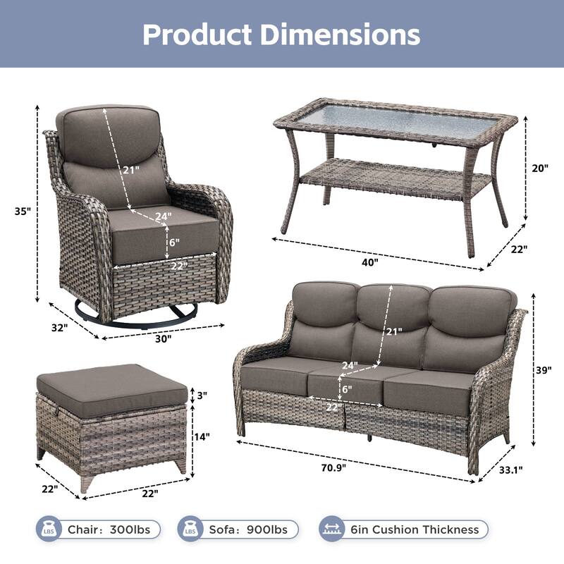 Arcadia 8-Piece Wicker Patio Conversation Set with Swivel Gliders and 6-Inch Thick Olefin Cushions