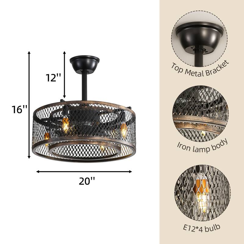 Vintage Cage Style Ceiling Fan Light with Lighting and 6 Speed Settings, DC Motor for Bedroom and Living Room