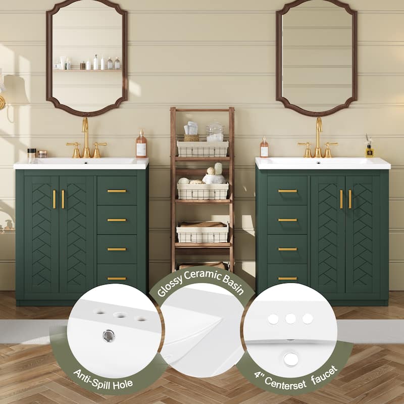 60" Green Bathroom Vanity with Double Ceramic Sink Combo, Solid Wood Frame, 3 Drawers & Soft-Close Doors Freestanding Cabinet