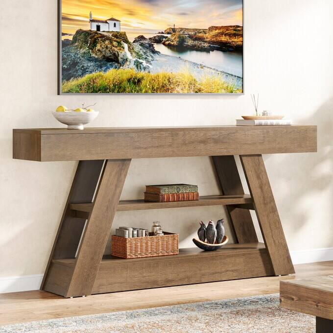 63-Inch Wooden Console Table, Long Entryway Table with Storage Shelves
