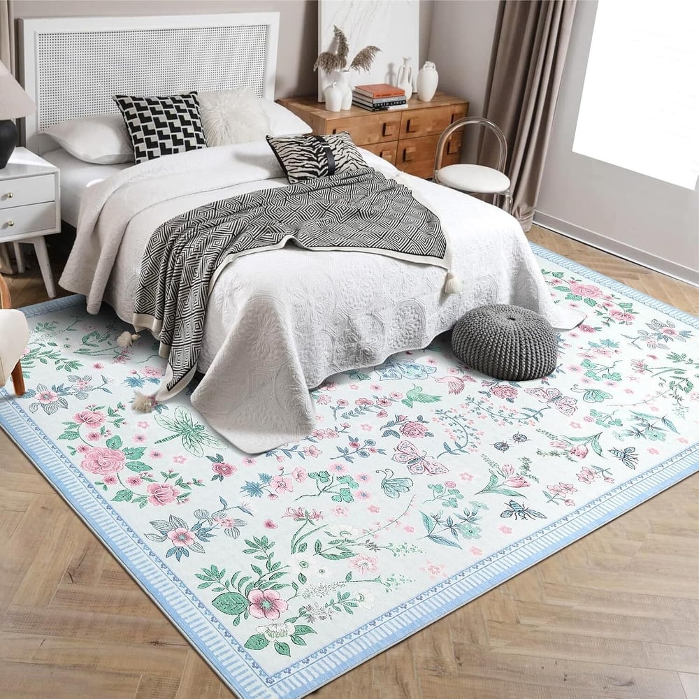 Modern Floral Machine Washable Indoor Waterproof Area Rug for Bedroom, Living Room, Blue - 2' x 3'