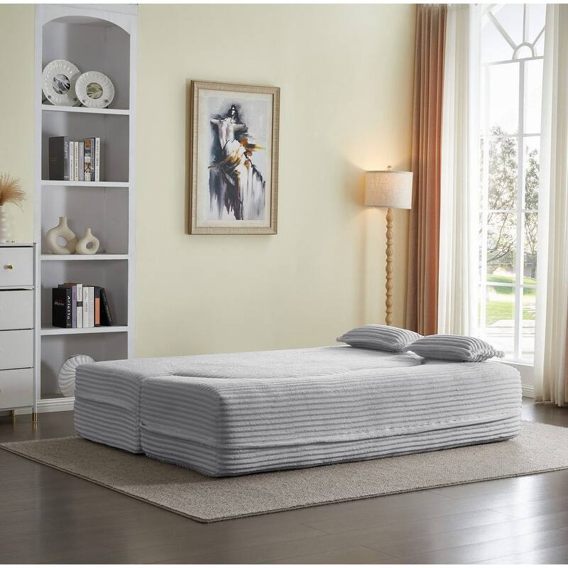 Modern 78" Full Size Convertible Corduroy Foam-Filled Sleeper Sofa,Modern Floor Sofa with 2 Pillows