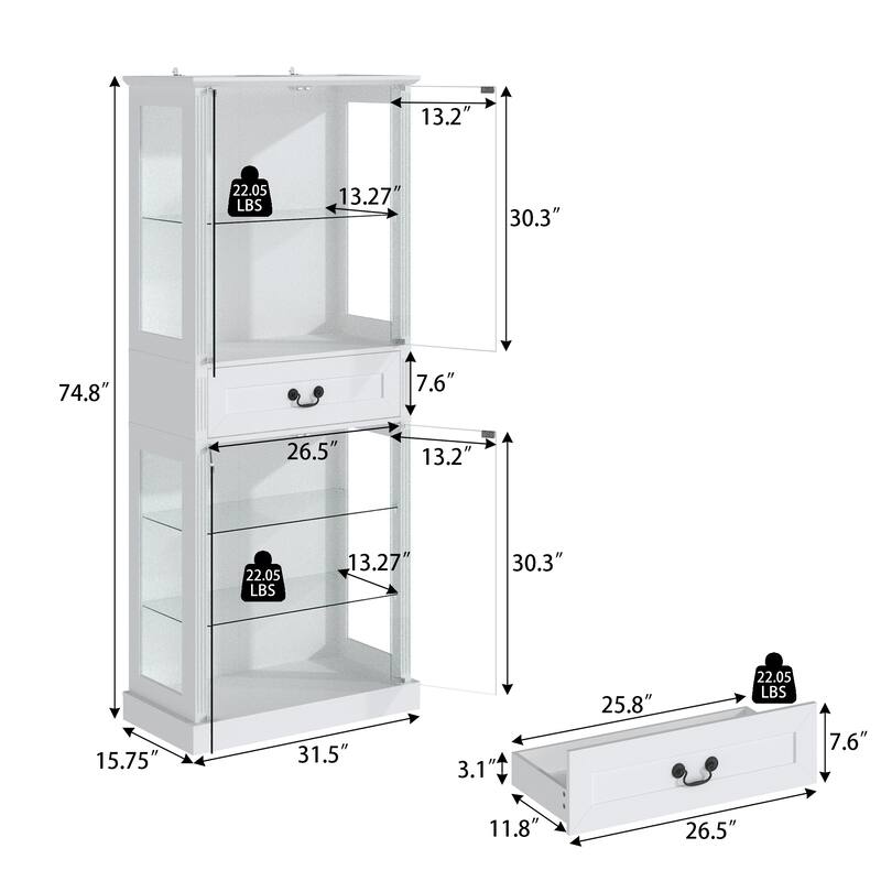 Bookshelves LED Display Cabinet with Tempered Glass Doors, App-Controlled Multicolor Lighting