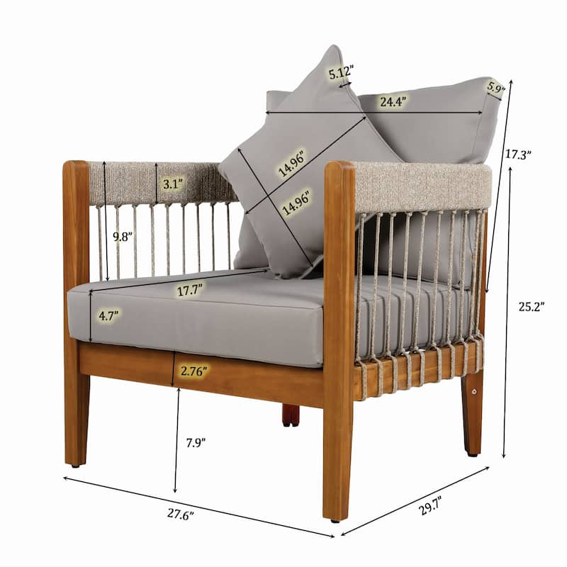 Acacia Wood Outdoor Club Chair with Handwoven Rope Accents and Curved Backrest