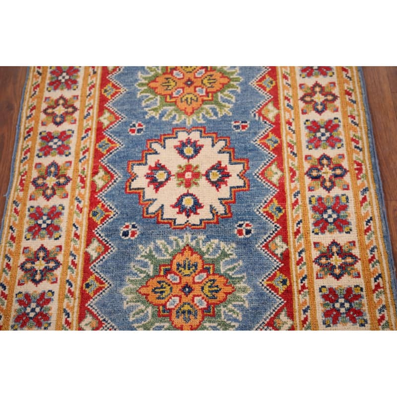 Blue Geometric Kazak Oriental Foyer Rug Hand-Knotted Wool Carpet - 2'0" x 2'9"