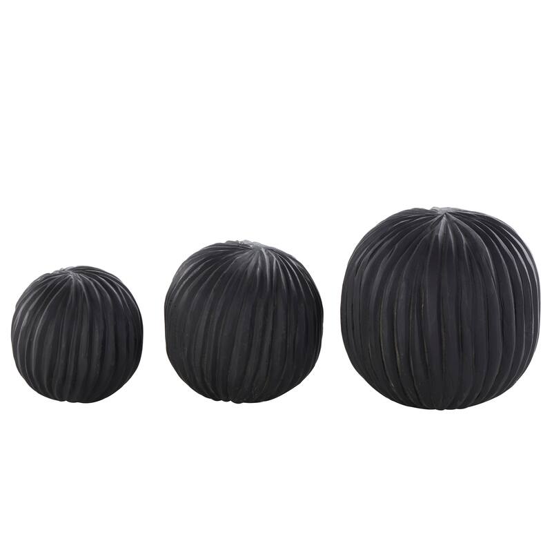 Brown or Black Teak Wood Handmade Carved Textured Orbs & Vase Filler with Ridges (Set of 3)