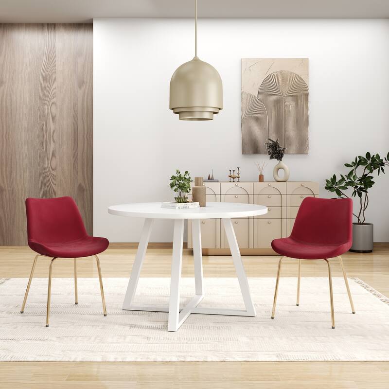 Modern Dining Set with Round Table & Velvet Chairs - 3-Piece Sets - White+Red