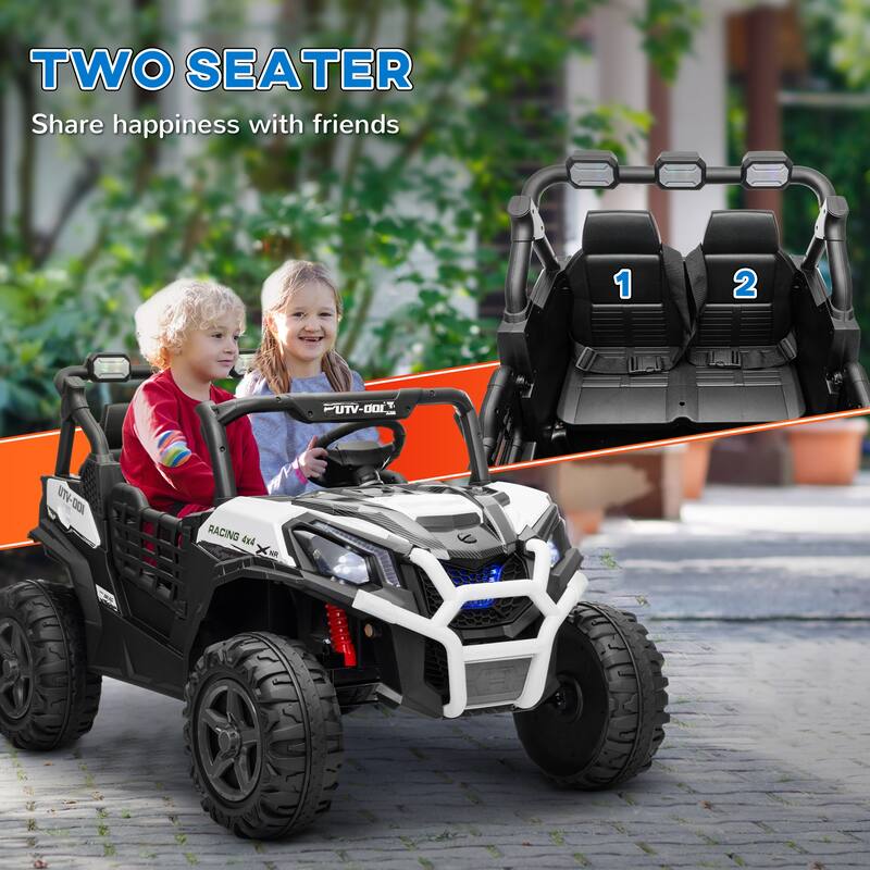 Qaba 24V Dual Motor Kids Ride-On Car, 2 Seater, Parental Remote, 3 Speed, LED Lights, White