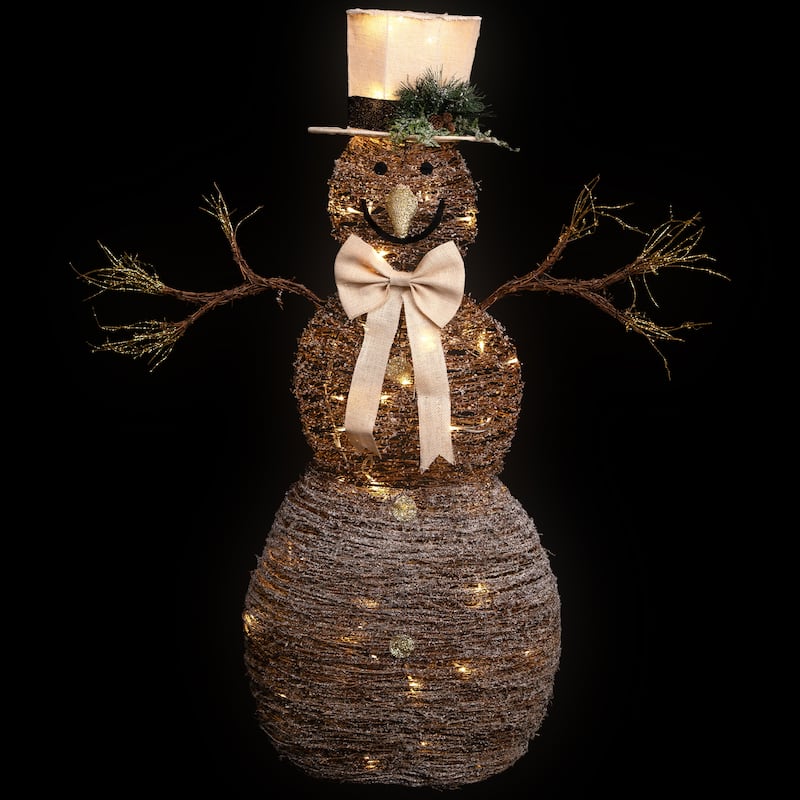 LED Lighted Rustic Rattan Snowman Outdoor Christmas Decoration - 48" - Warm White - Brown