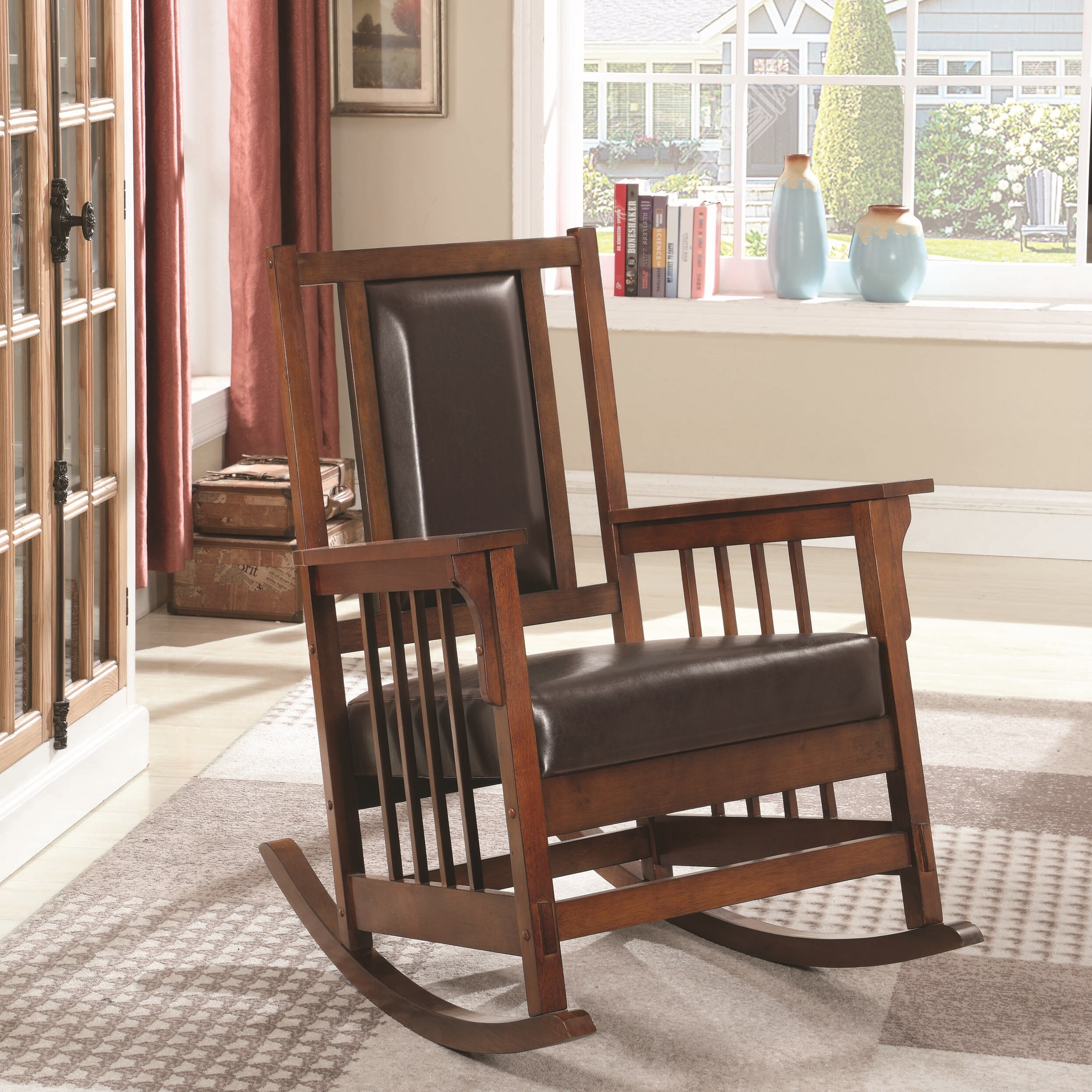 Wooden Mission Design Rocking Chair With Brown Leather Seat Overstock 28266251 Brown