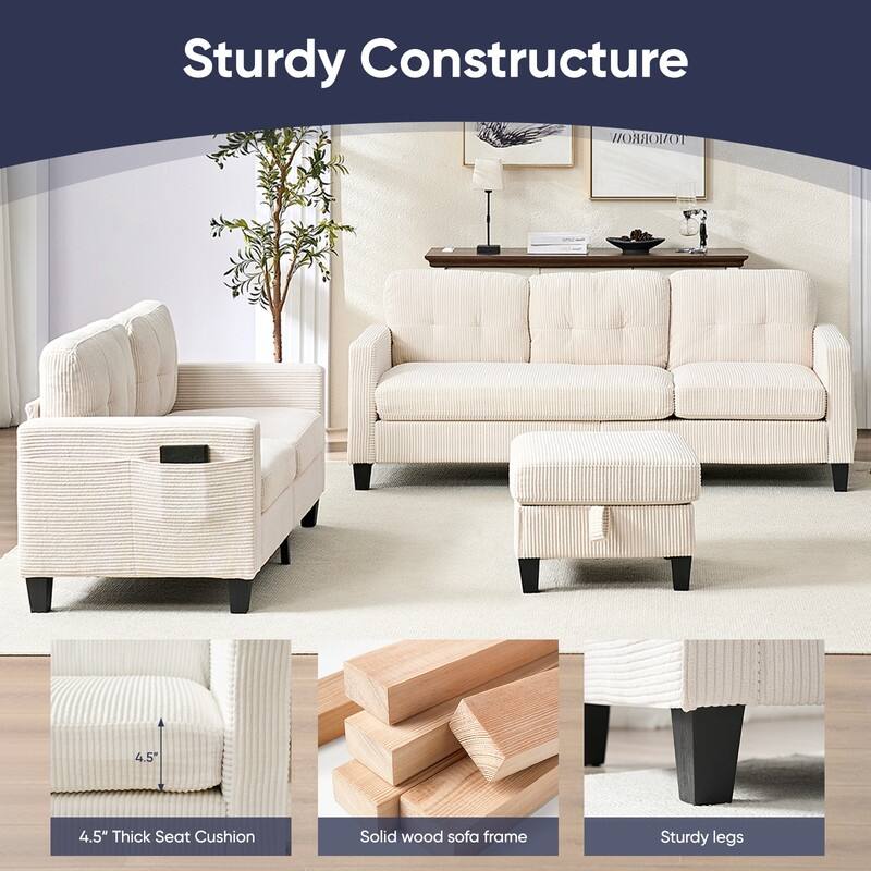 Mixoy 76'' L-Shaped Sofa Set,Corduroy Sectional Sofa,Mid Century 3-Seater Sofa with Storage Ottoman/Loveseat/Single Sofa