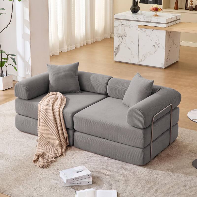 Folding Mattress Lounge Sofa with Corduroy Cushions, Convertible Sofa Bed Sleeper Sofa with Removable Armrests