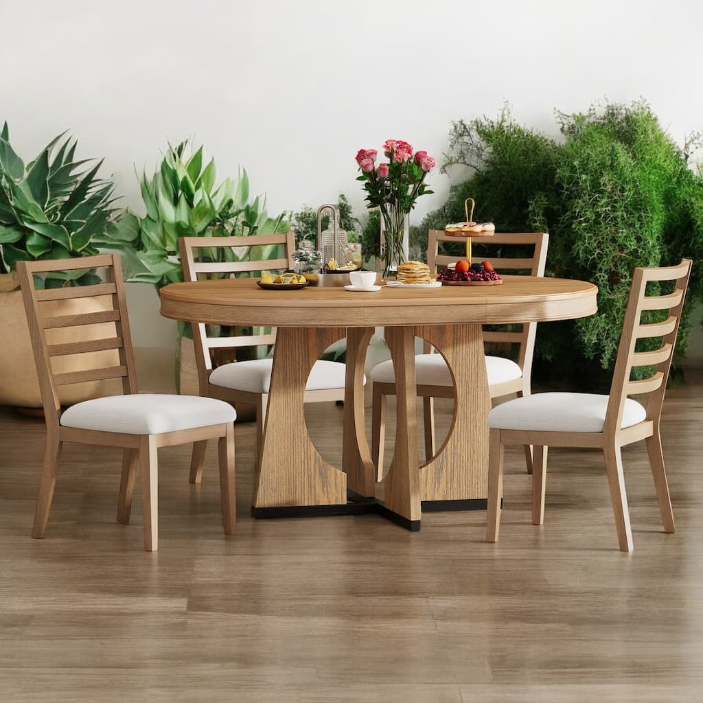 5-Piece Round Extendable Dining Table Set for 4 with Unique Geometric Base & Upholstered Chairs for Kitchen & Dining Room