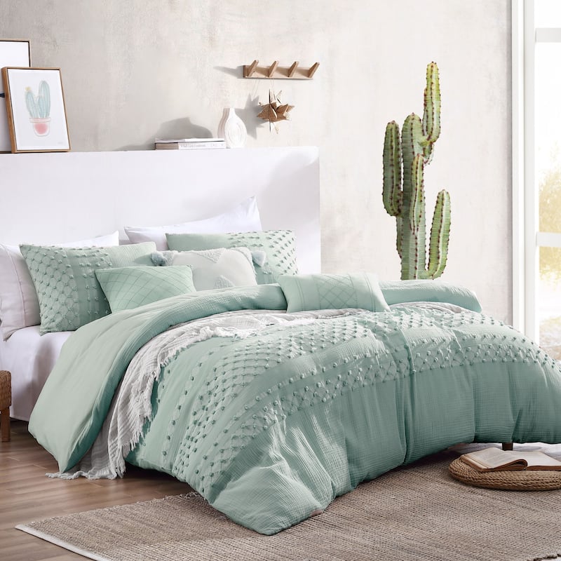Swift Home Layla Cotton Pom Pom Clipped Tufted Jacquard 5-Piece Bedding Comforter Set