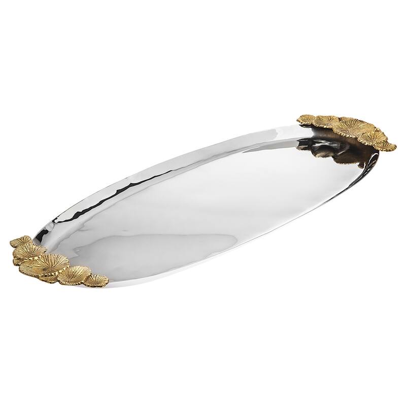 HomeRoots 20" Silver And Gold Oval Stainless Steel Handmade Serving Tray With Handles