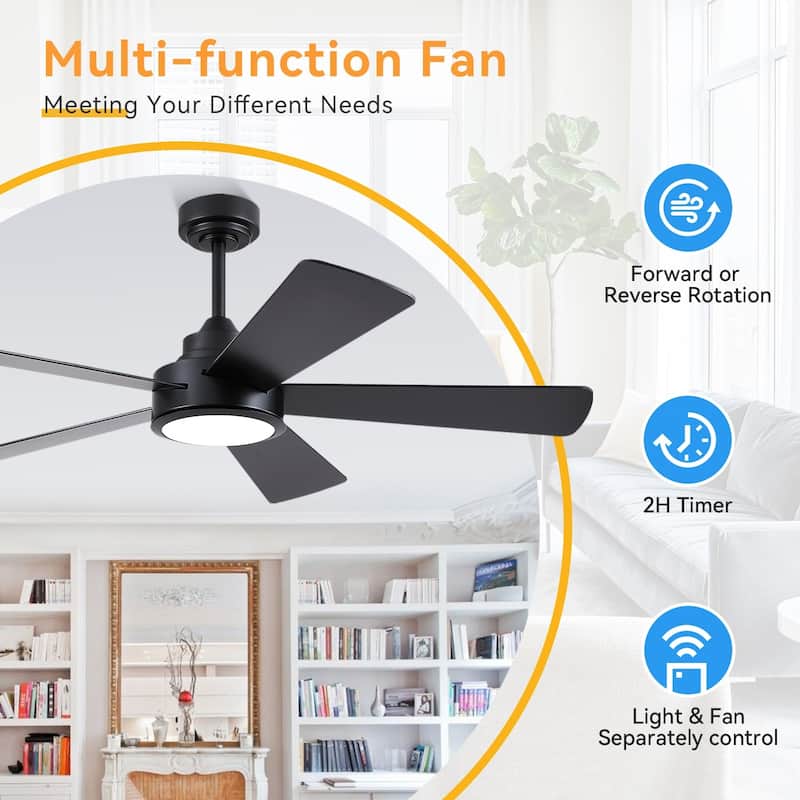 46 and 52 Inch Modern Ceiling Fan with LED and Remote 5 Plywood Dual Side Blades Remote and APP Control for Living Room Bedroom