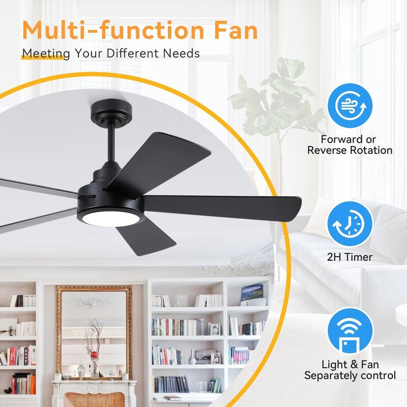 52" Modern Ceiling Fan with Light and Remote,APP Control,Suitable for Sloped Ceiling,Reversible Blades,DC Motor - 52 Inches