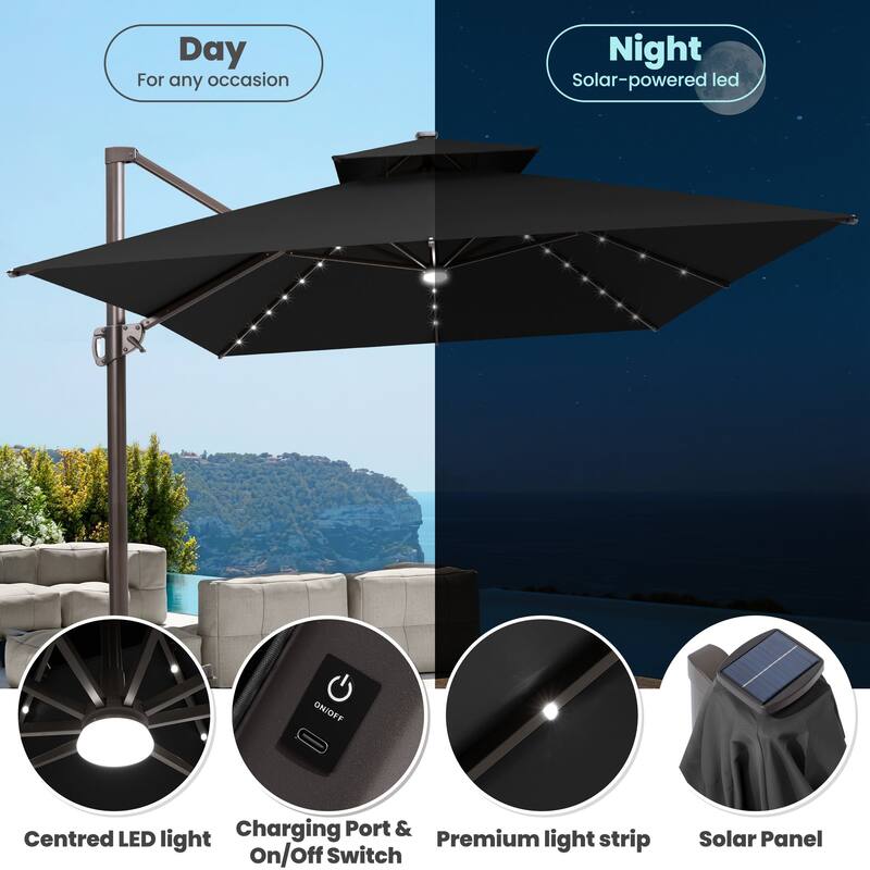 10 FT * 13 FT Outdoor Patio LED Lighted Cantilever Umbrella with 4-Piece Fillable Weighted Base