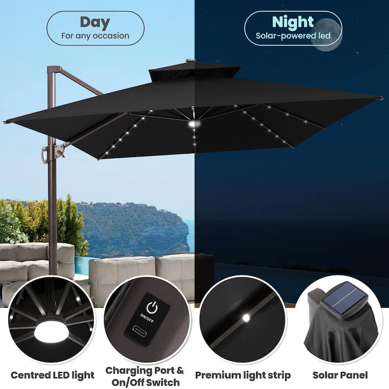 13 x 10 FT Outdoor Patio Cantilever LED Lighted Double Vented Umbrella with Base