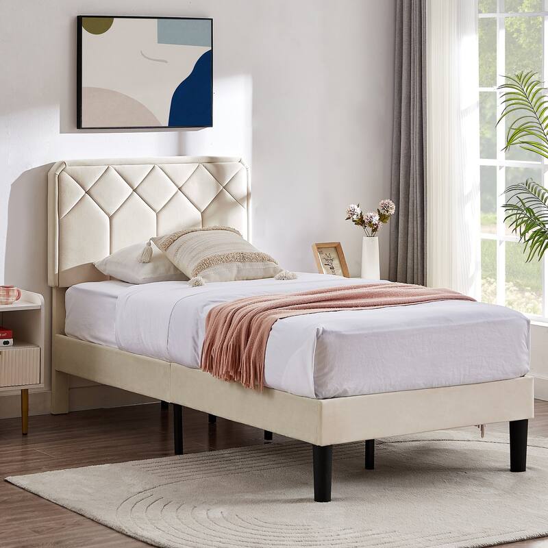 2 Pcs Upholstered Twin Size Platform Bed with Adjustable Headboard