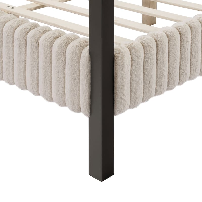 DH Basic Modern Metal Canopy Queen Platform Bed with Channel Tufted Upholstered Headboard by Denhour