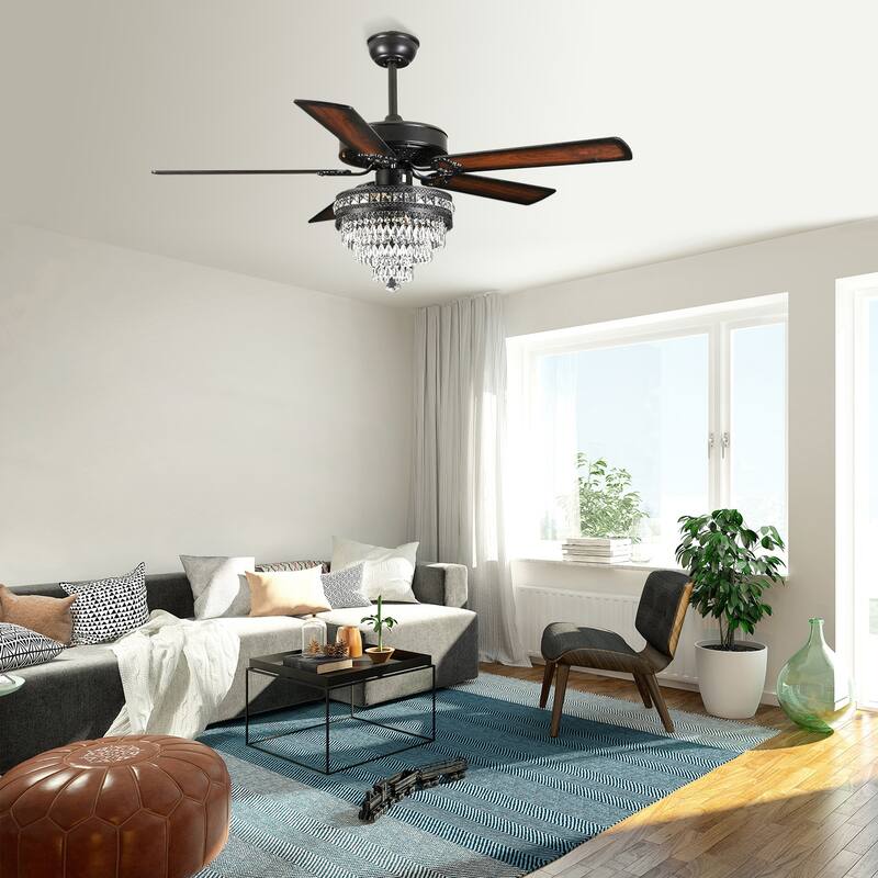 52 Inches Crystal Ceiling Fan Light,Chandelier,APP and Remote Control,5 Dual Side Plywood Blades,Reversible AC Motor - 52 Inches