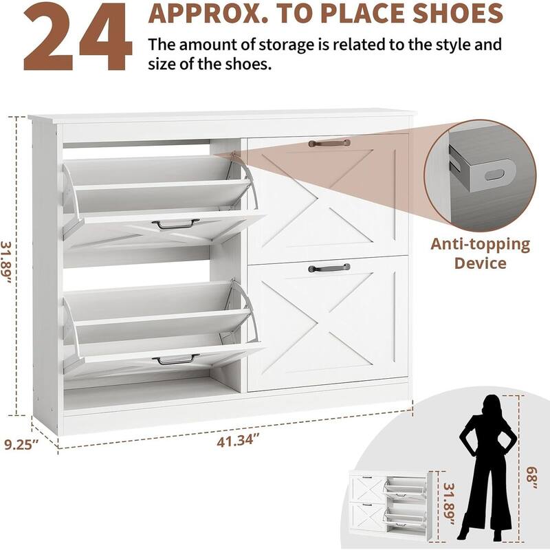 4 Turn Drawers Rattan Entryway Shoe Storage Cabinet, Freestanding Organizer, White