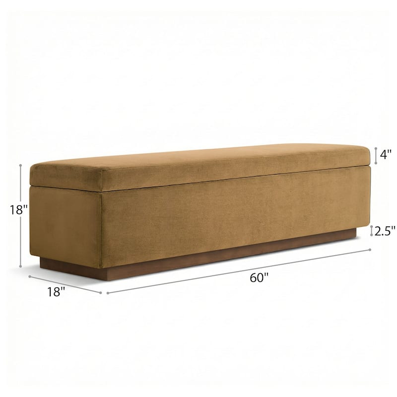 60" Wide Mid-Century Velvet Storage Bench With Solid Wood Base