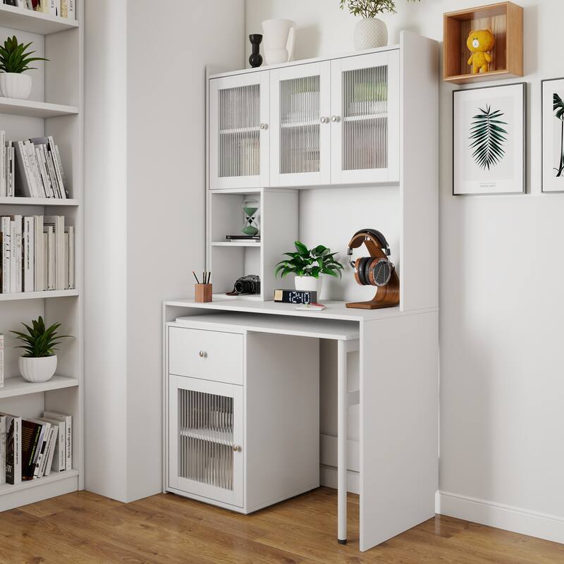 Computer Desk With Glass Door For Home Office Or Study Desk,Bookshelf & Hutch,Computer Desk With 90 Degree Rotating Desktop