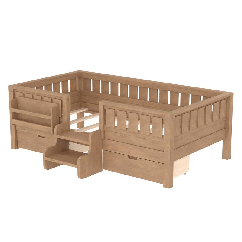 Multiple Colors Toddler Montessori Bed Children's Platform Bed with Low Profile Stairs, Built-in Bookshelf and Storage Drawers