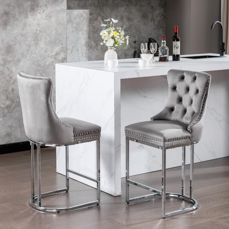 Counter Height Bar Stools Set of 2, Velvet Upholstered Accent Chairs with Button Back, Rivet Trim and Chromed Metal Base Legs