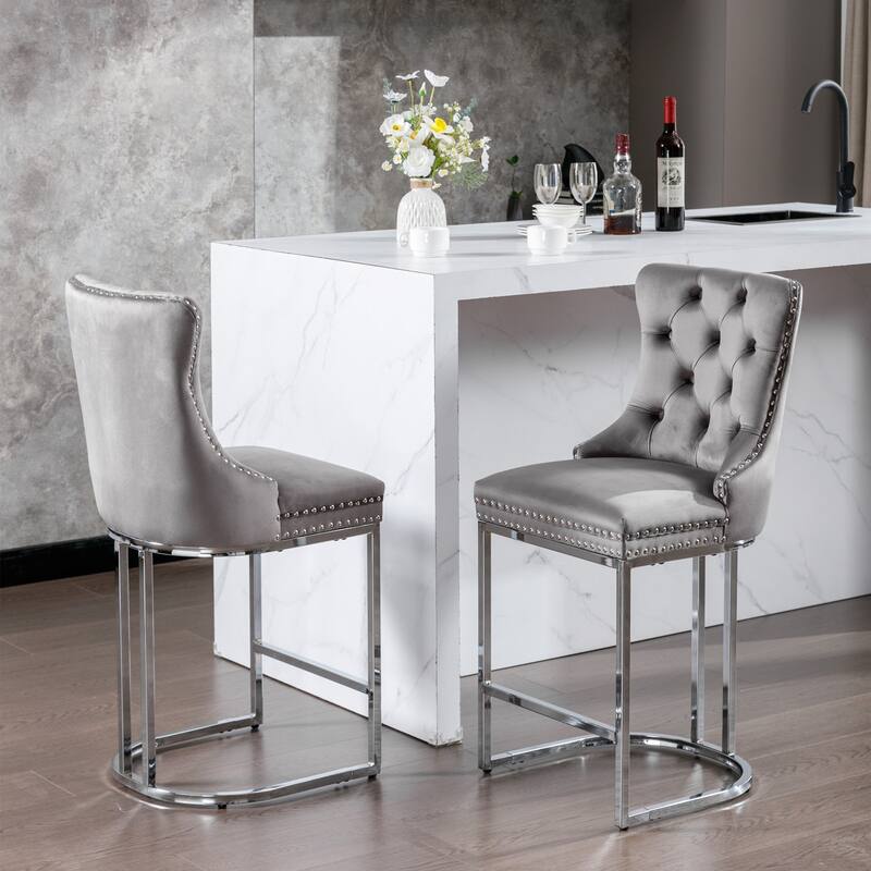 Roomfitters Velvet Counter Height Bar Stools Set of 2, Tufted Upholstered Bar Chairs with Nailhead Trim and Chrome Metal Base - Grey