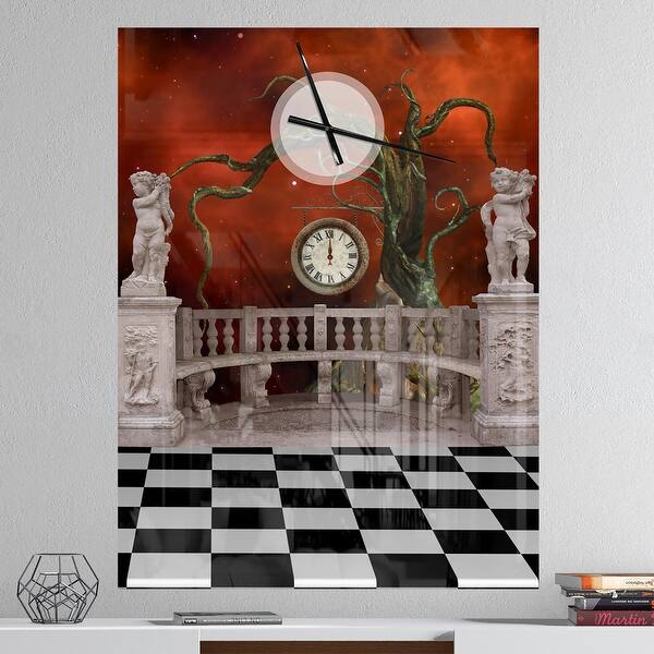slide 2 of 11, Designart 'Balcony with Clock and Tree Angels' Oversized Bohemian Wall CLock