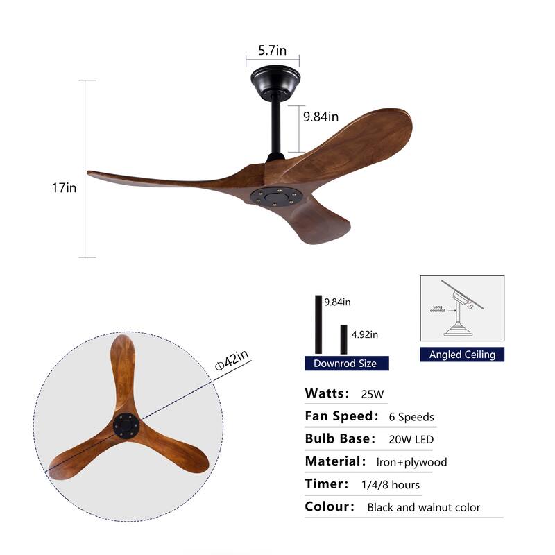 42" Solid Wood Ceiling Fan, Outdoor, 3 Blade, No Light, for Patio Living Room Bedroom Porch, Remote Control, Water Resistant