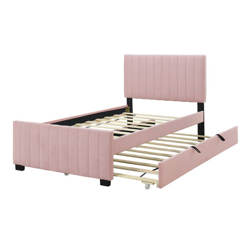 Twin Size Velvet Upholstered Platform Bed Frame with Trundle, No Box Spring, Space-Saving Design, Sturdy Construction