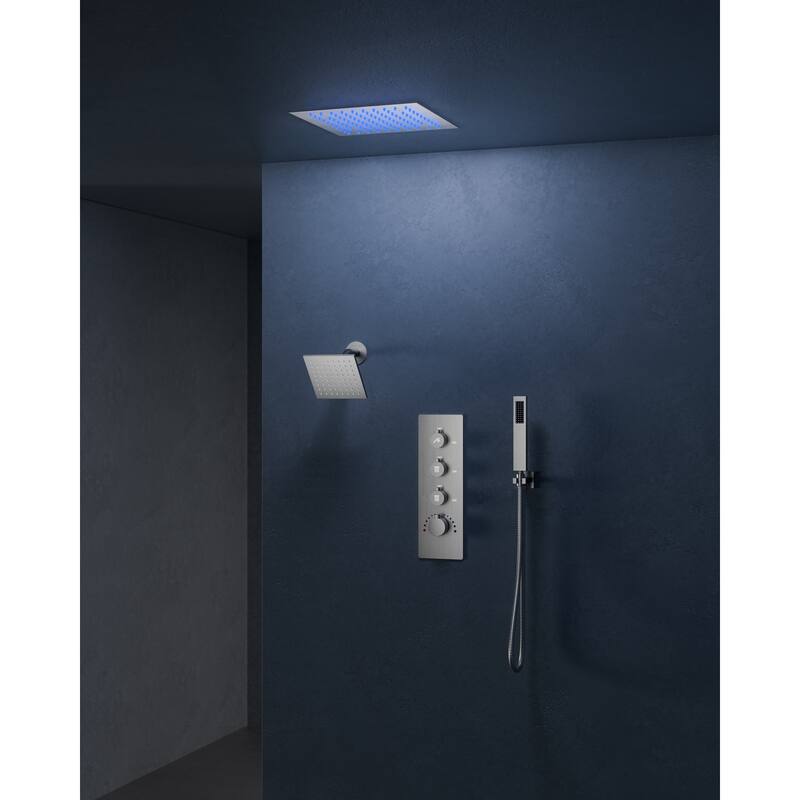 Dual LED Shower Head 12" Rainfall & 6" High Pressure Shower System w/ 4 Way Thermostatic Shower Faucet Set