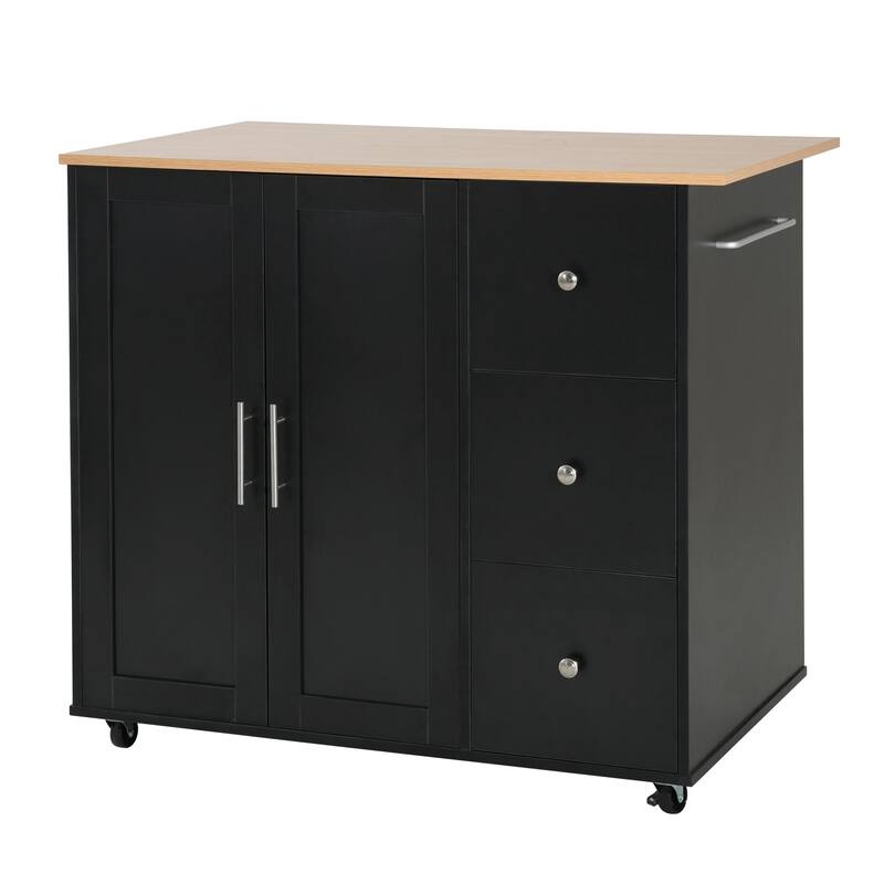 Anmytek Black Rolling Kitchen Cart, 39.76" Mobile Island with Storage, 2 Doors, 3 Drawers and Adjustable Shelf