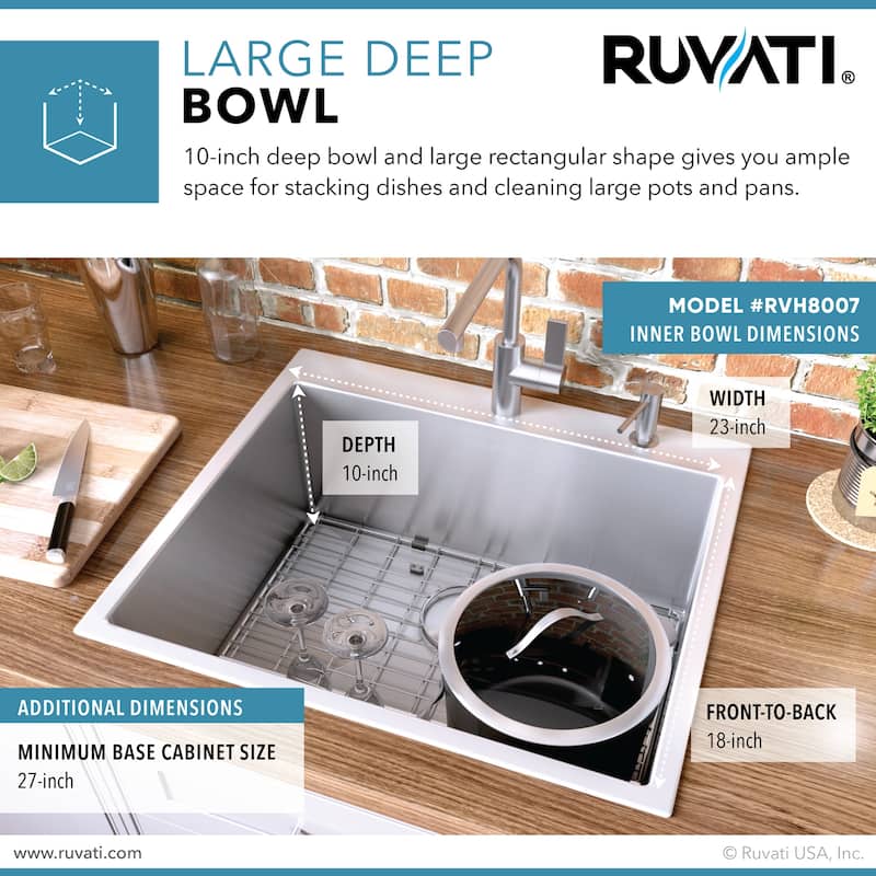 Ruvati 25-inch Drop-in Tight Radius Topmount 16 Gauge Stainless Steel Kitchen Sink Single Bowl - RVH8007 - 25" x22"