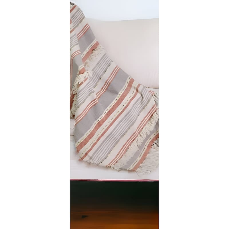 60" X 50" Beige Woven Cotton Striped Throw Blanket with Fringe - Throw