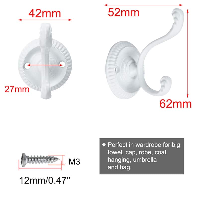 4pcs Dual Robe Hooks Zinc Alloy Bathroom Hooks Towel Hanger w Screws - 2.4" x 1.7" x 2.1"(L*W*H)