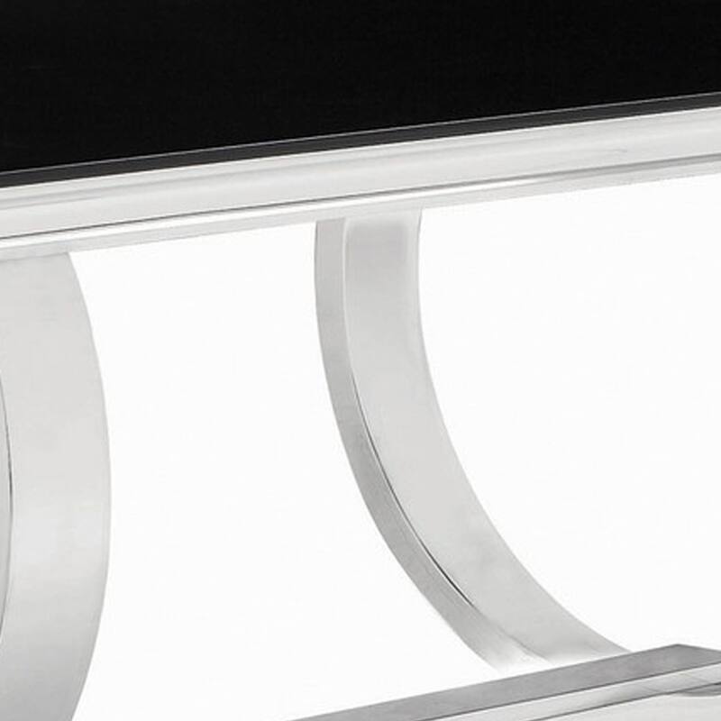 Dining Table with Glass Top and Trestle Base, Black and Chrome