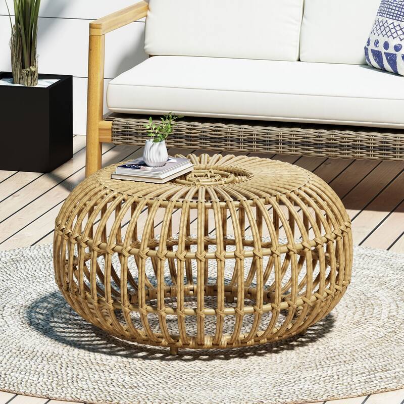 Bohemian Faux Rattan Round Coffee Table - 29.5"×29.5"×15.3"