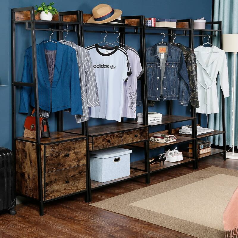 JJS Industrial Rustic Coat Rack & Shoe Stool Entryway Hall Tree with Storage Drawers & Shelves Rustic Brown