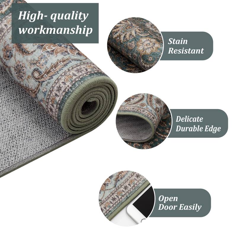 Washable Area Rugs for Living Room Stain Resistant Carpet Vintage Rugs Bedroom Low Pile Non Slip Accent Carpet